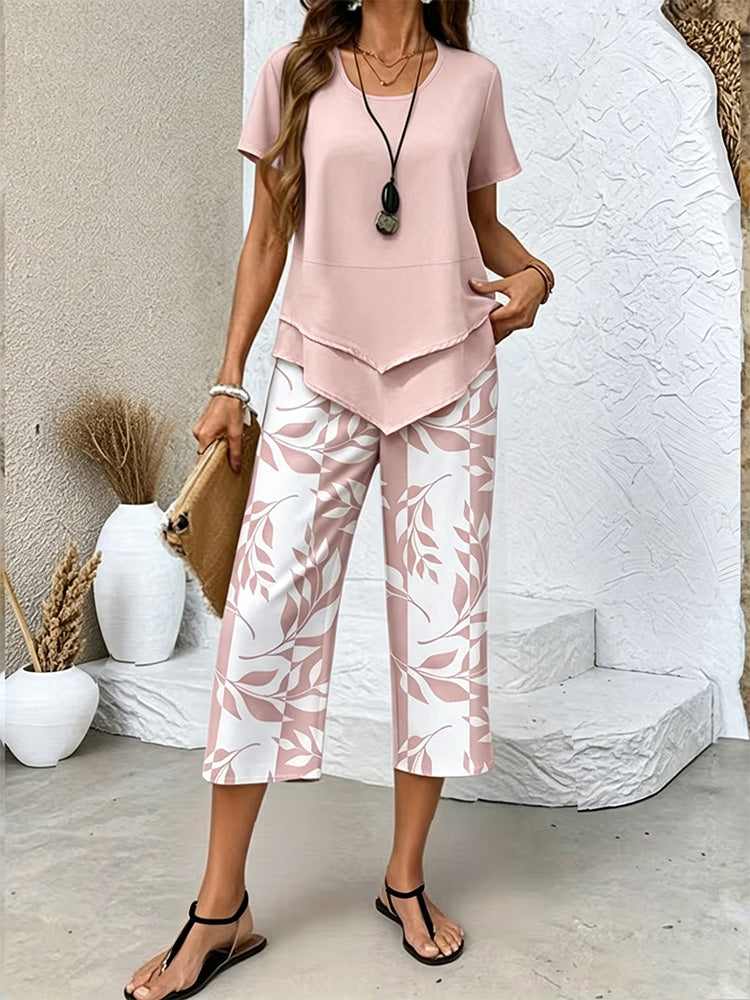 Two-layer short-sleeve and wide-leg pant set