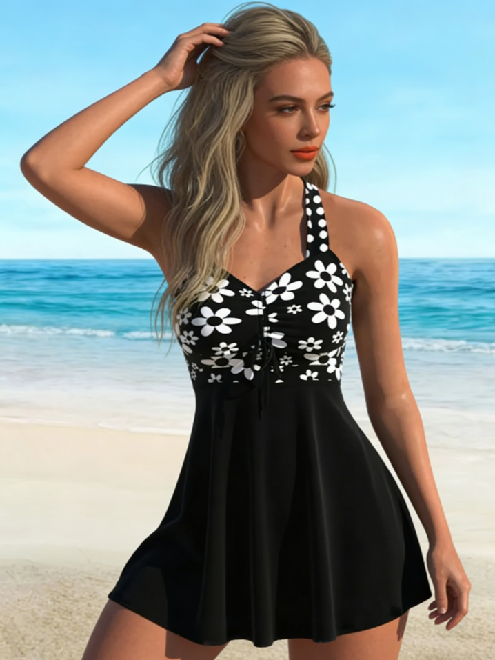 Halter Tummy Control Swim Dress – Slimming One-Piece Skirt Swimsuit