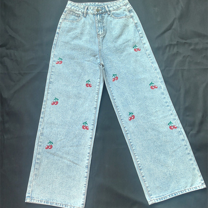 Cherry print high-waisted straight-leg jeans