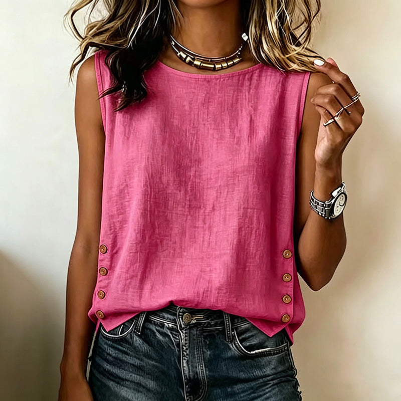 Round neck casual loose button cotton linen solid color T-shirt