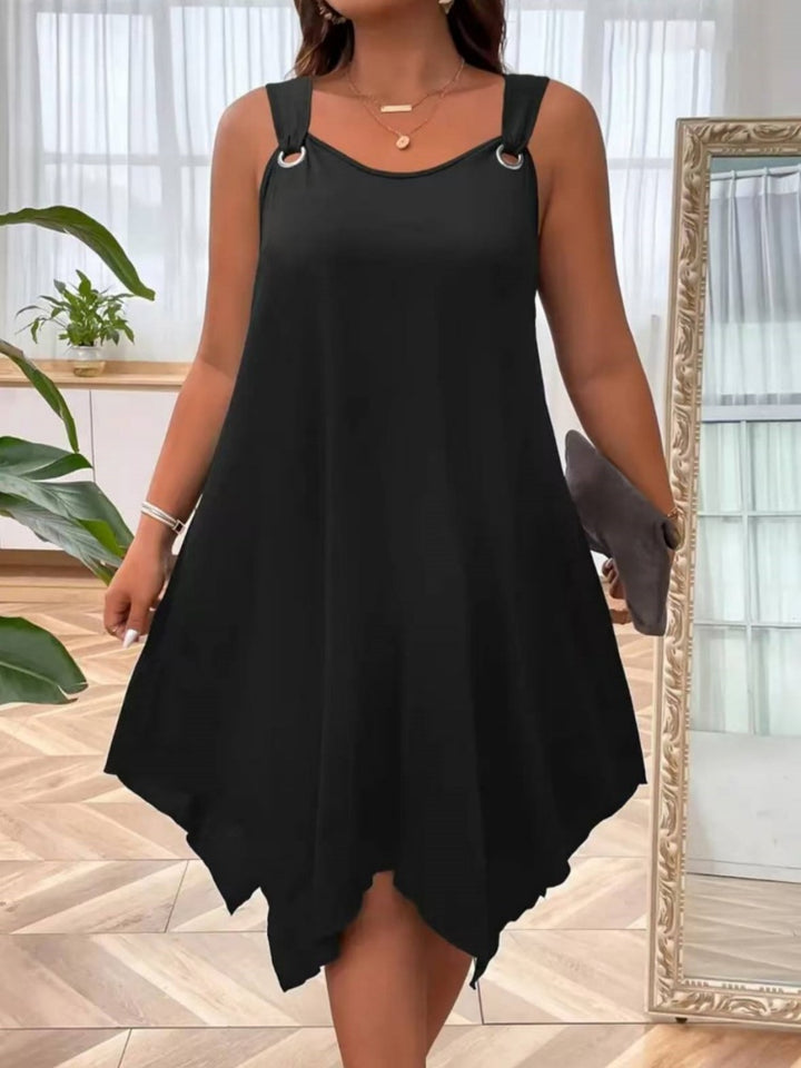 Solid O-Ring Strap Asymmetric Hem Tank Dress