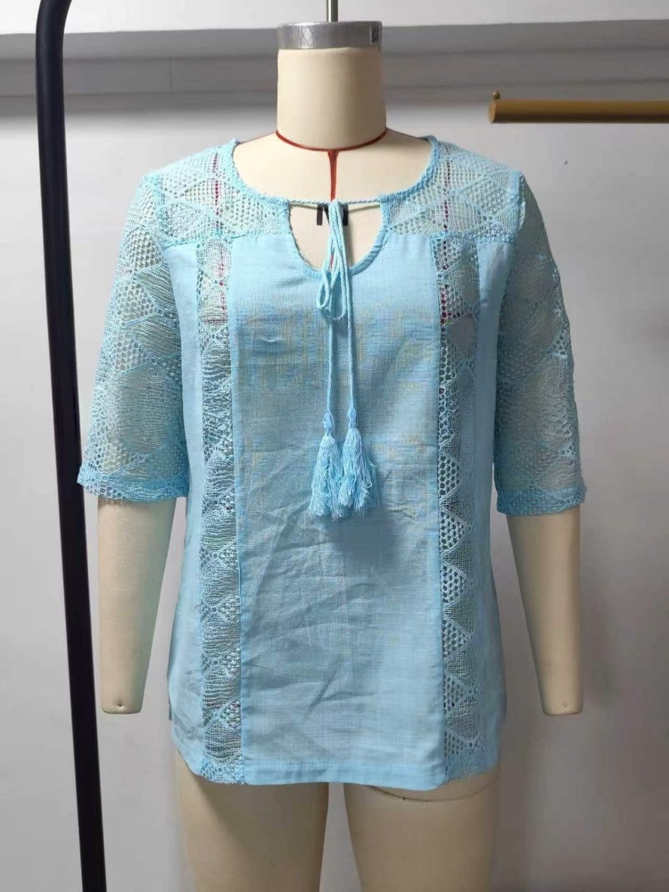 U-Neck Tassel Tie Hollow Lace Patch Blouse