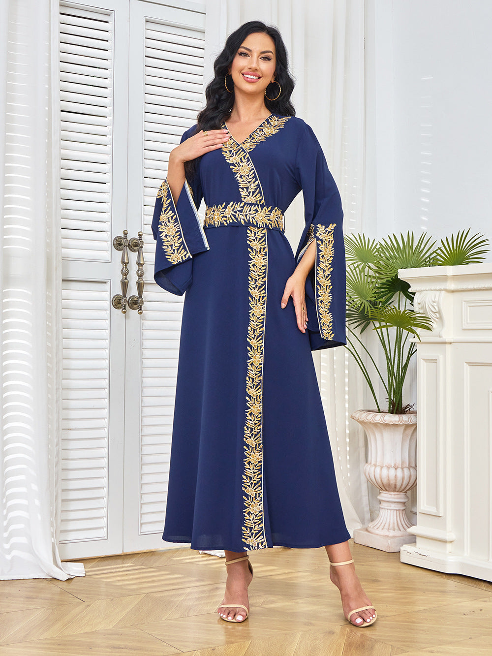 Gold Embroidered Wrap-Front Abaya Maxi Dress