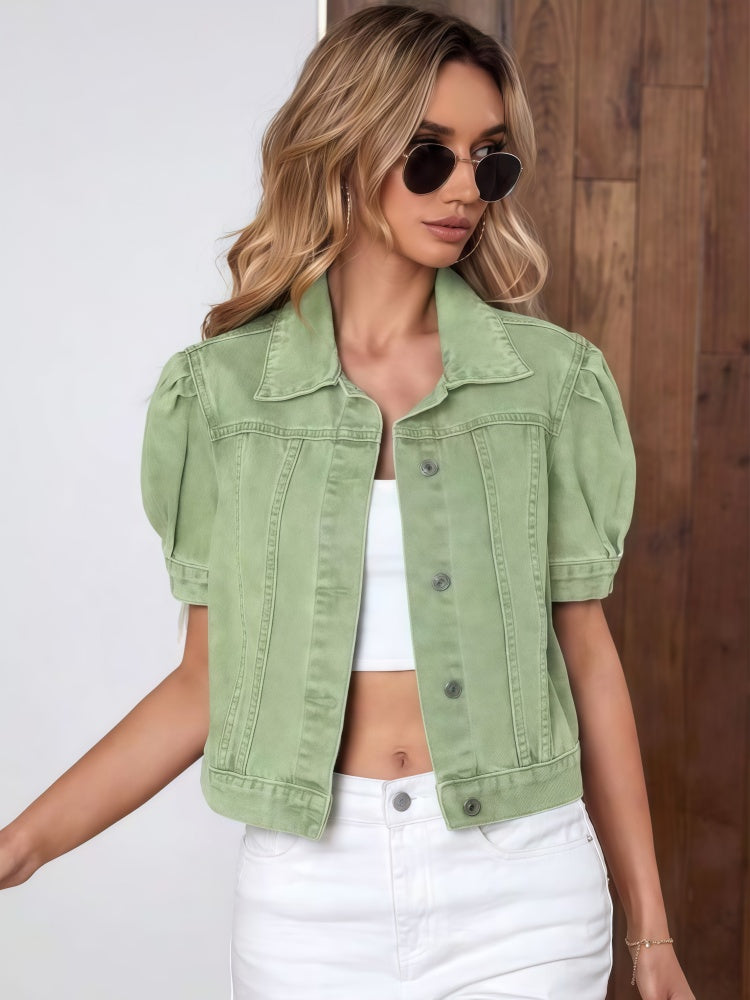 Cropped denim jacket with puff sleeves
