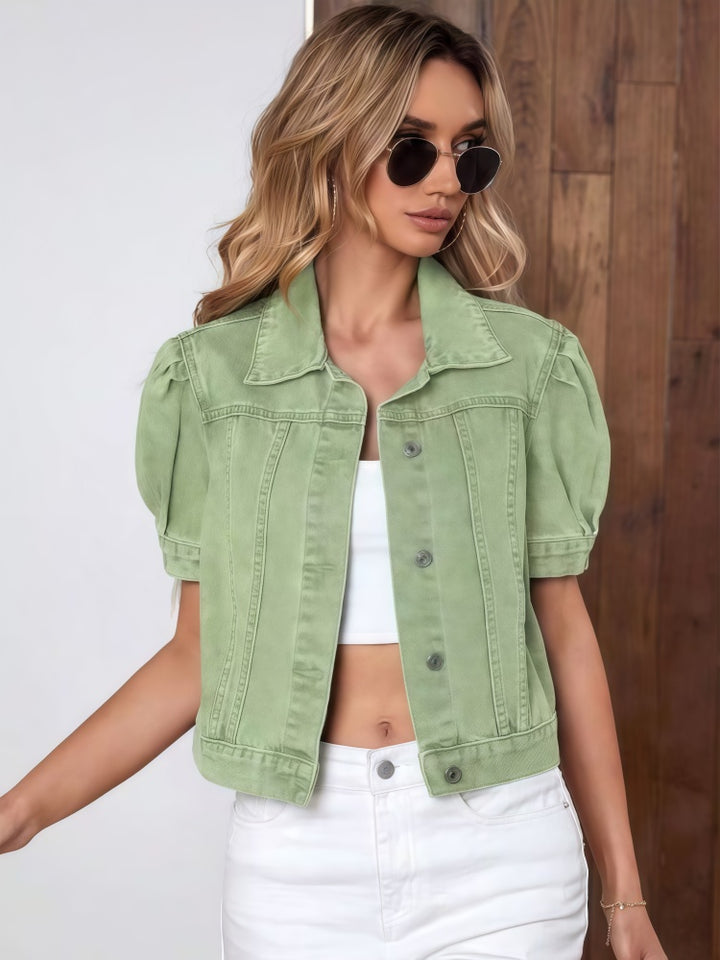 Cropped denim jacket with puff sleeves