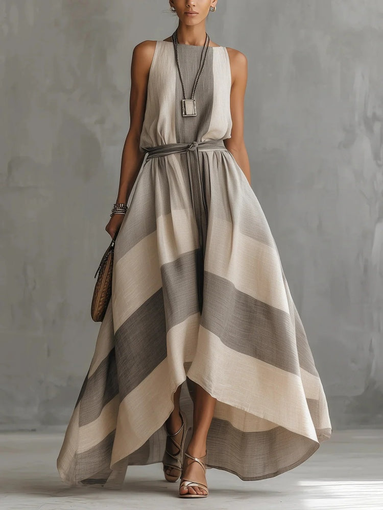 Sleeveless striped tie-up asymmetrical dress