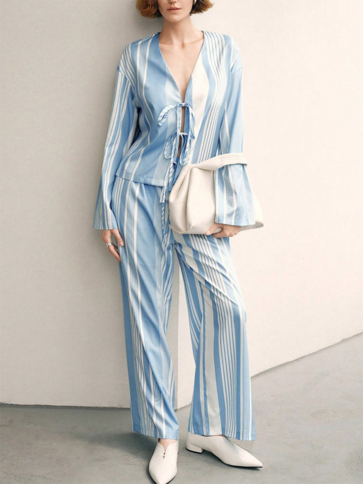 Striped long-sleeved straight-leg trousers two-piece pajama set