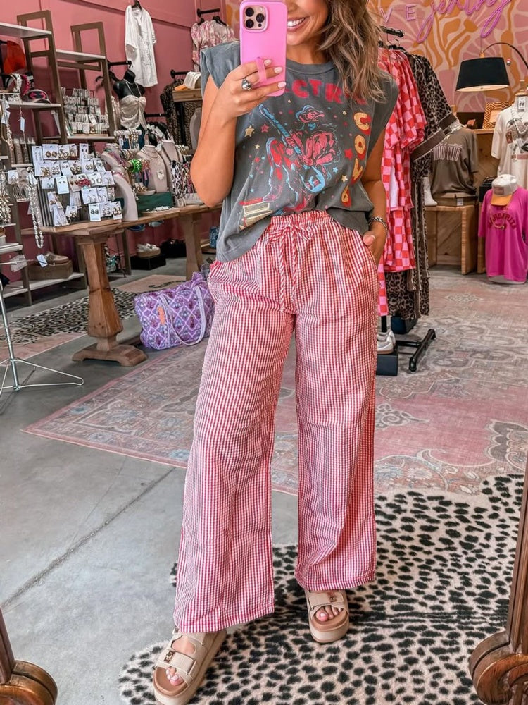 Gingham Drawstring Wide Leg Pants