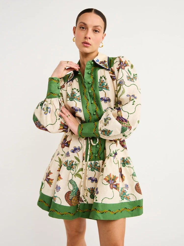 Vibrant Floral Peacock Print Puff Sleeve Belted Shirt Mini Dress