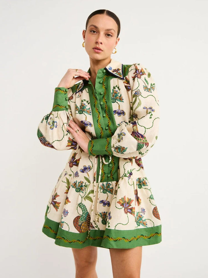 Vibrant Floral Peacock Print Puff Sleeve Belted Shirt Mini Dress