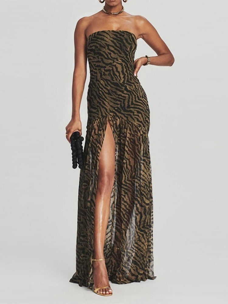 Zebra Print Strapless Mesh Maxi Dress