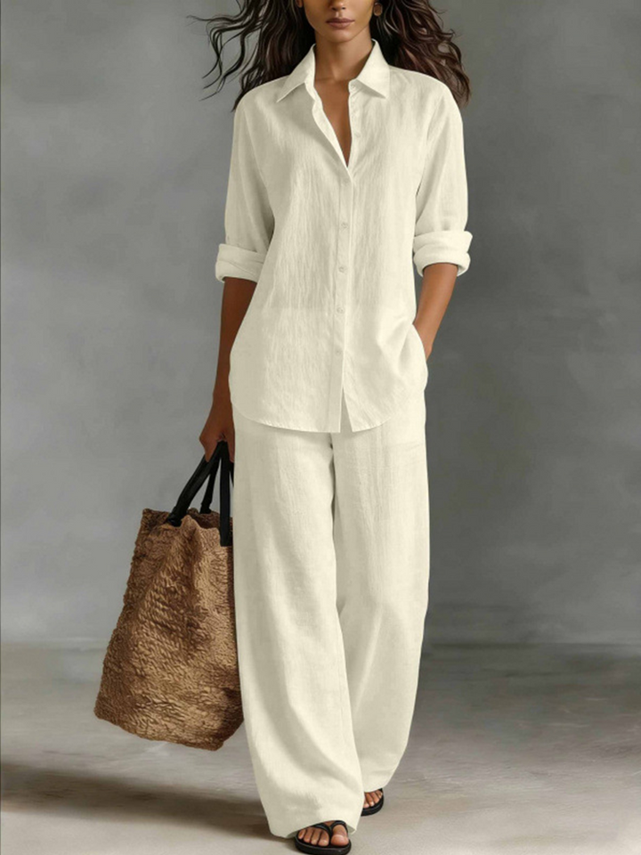 Women Linen Shirt Wide Leg Pants Vacation Two Piece Set
