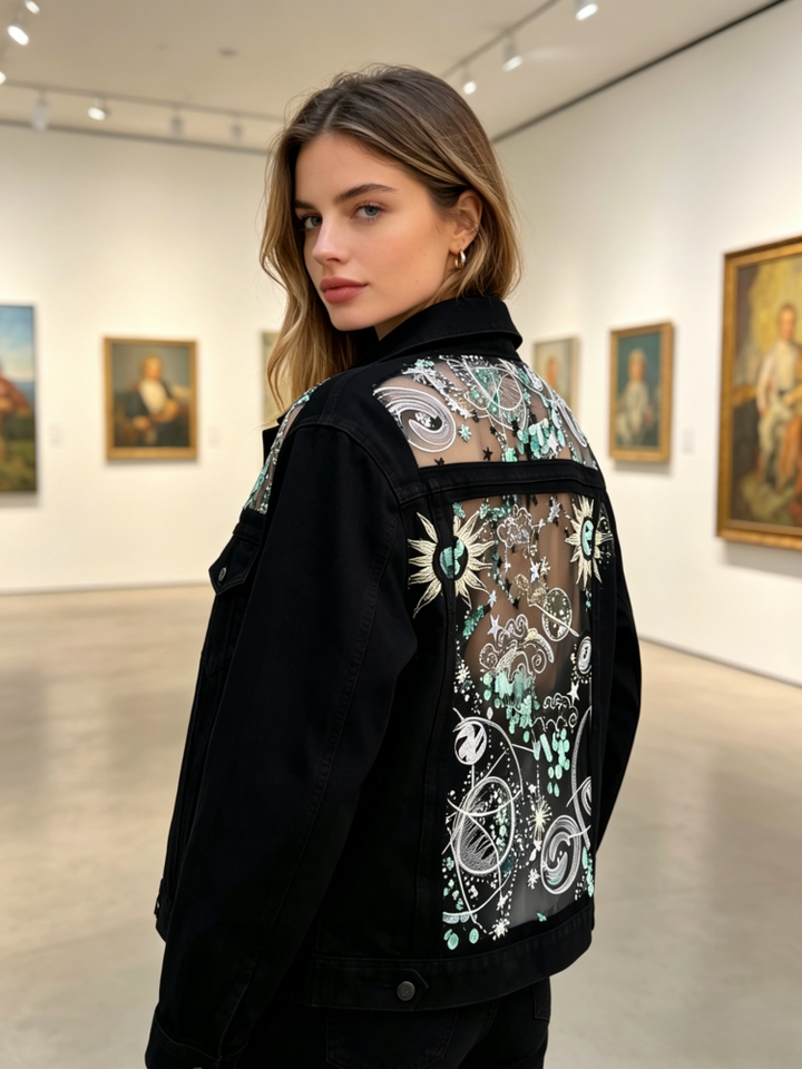 Black Denim Jacket with Sheer Celestial Embroidered Mesh Panels