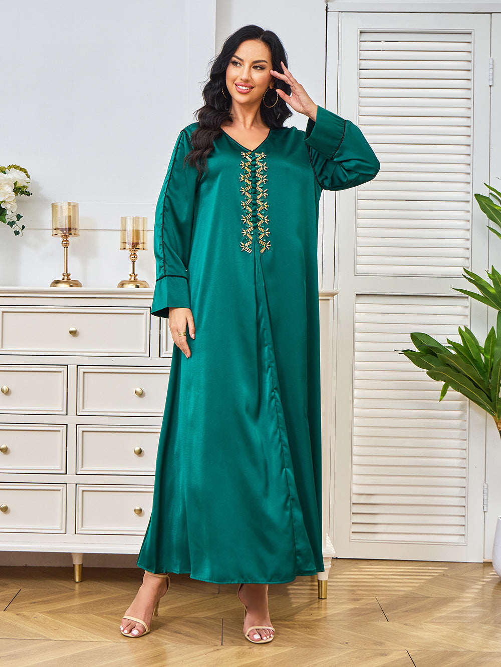 Emerald Green Satin Abaya Maxi Dress with Gold Embroidery