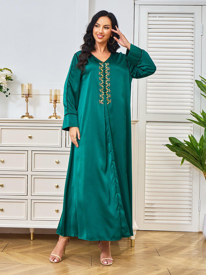 Emerald Green Satin Abaya Maxi Dress with Gold Embroidery