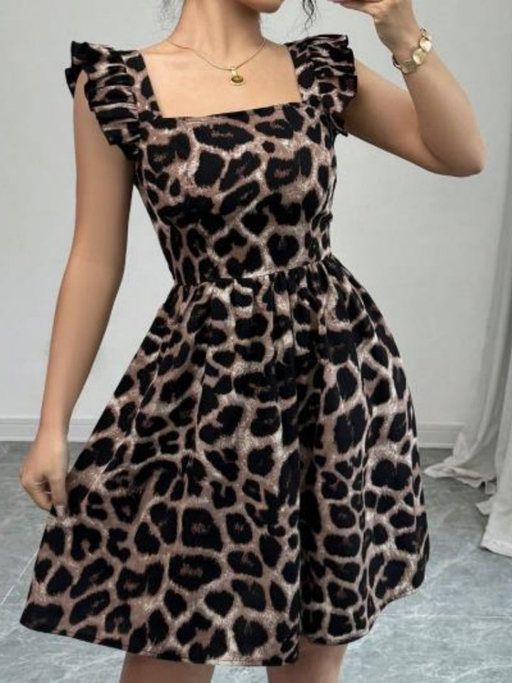 Square Neck Ruffled Sleeve Print Mini Dress