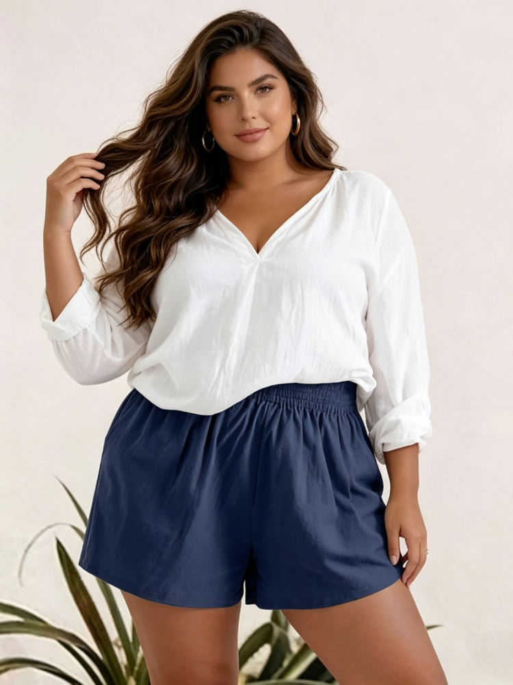 High Waisted Elastic Waist Linen Blend Shorts