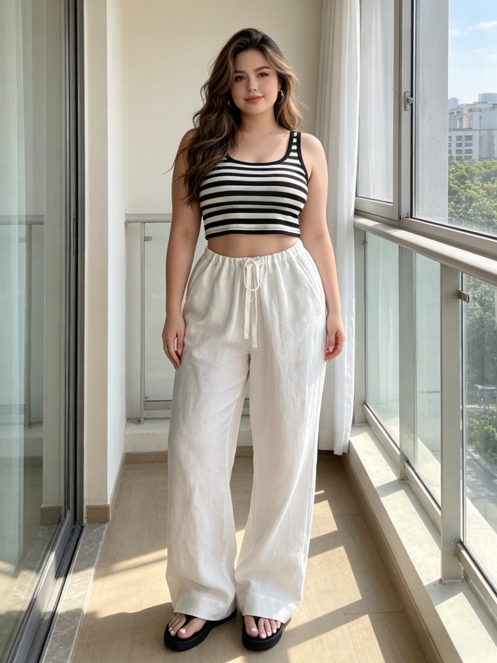 High Waisted Drawstring Wide Leg Linen Pants