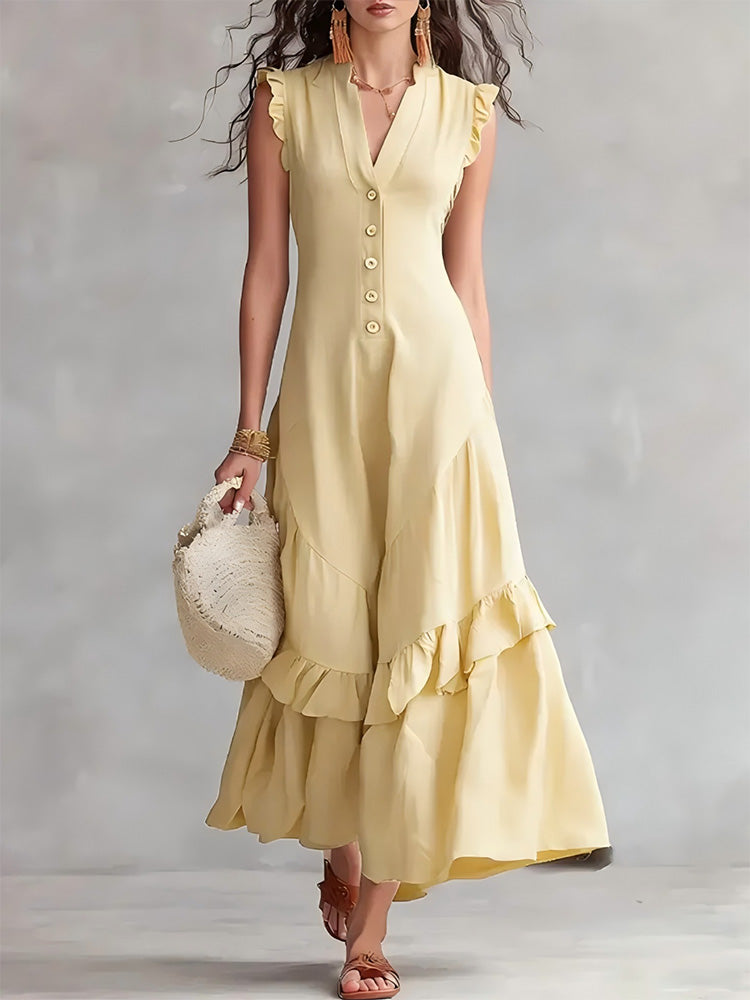 Elegant minimalist ruffled cotton linen sleeveless dress