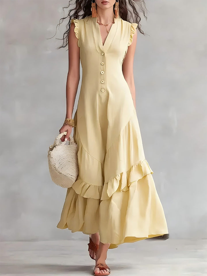 Elegant minimalist ruffled cotton linen sleeveless dress