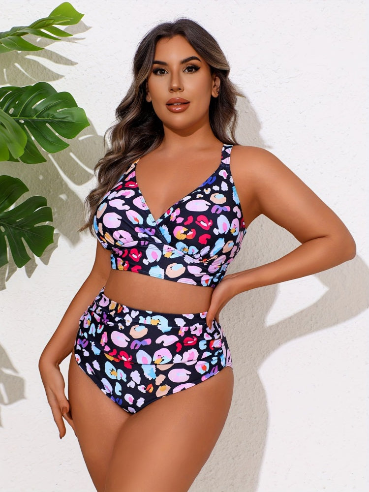 Plus Size Colorful Leopard Print Criss Cross Bikini Set