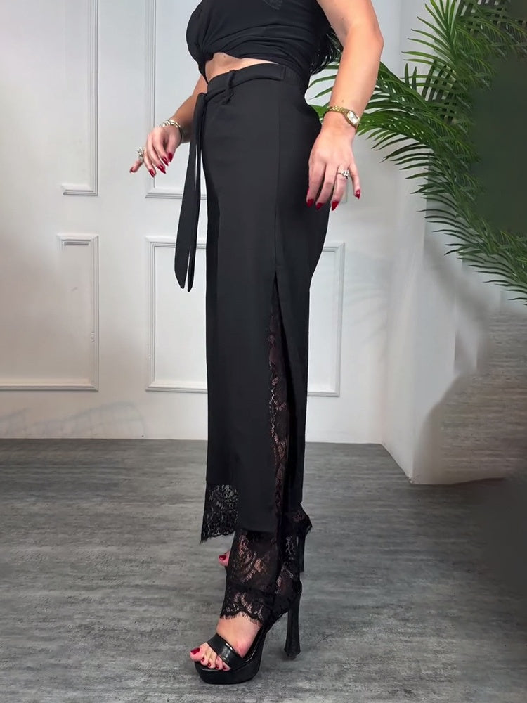 High Waisted Lace Panel Straight Leg Pants