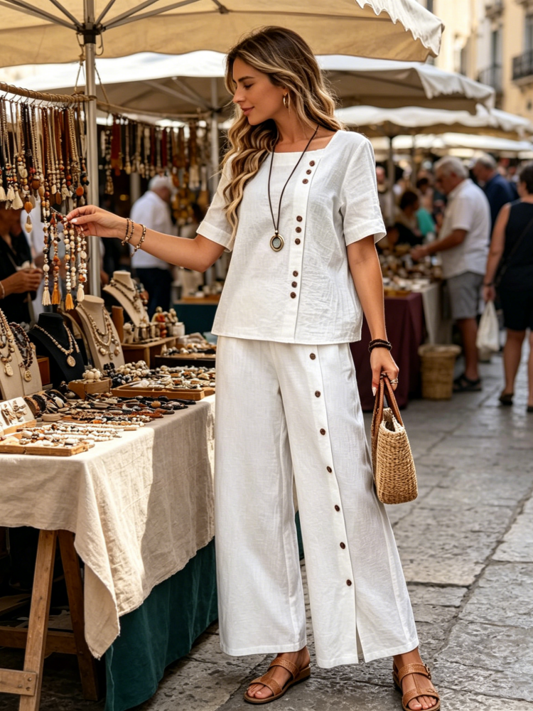 Cotton Linen Two-Piece Set - Button Detail Short Sleeve Top &amp; Wide Leg Pants