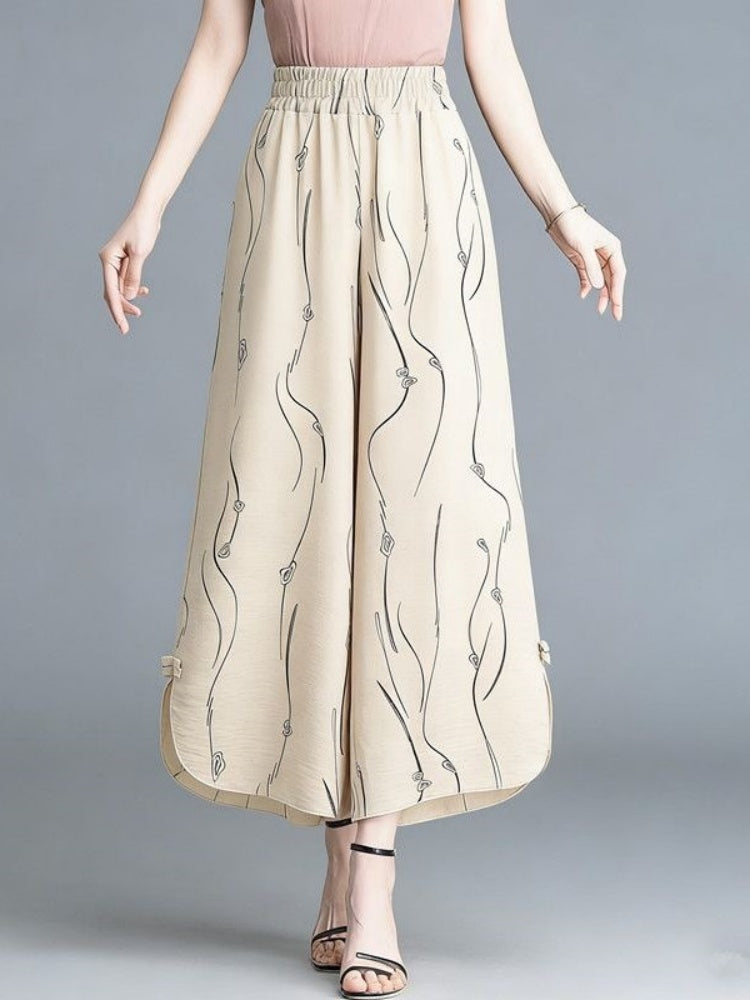 Elastic High Waist Abstract Line Print Cropped Wide Leg Culottes