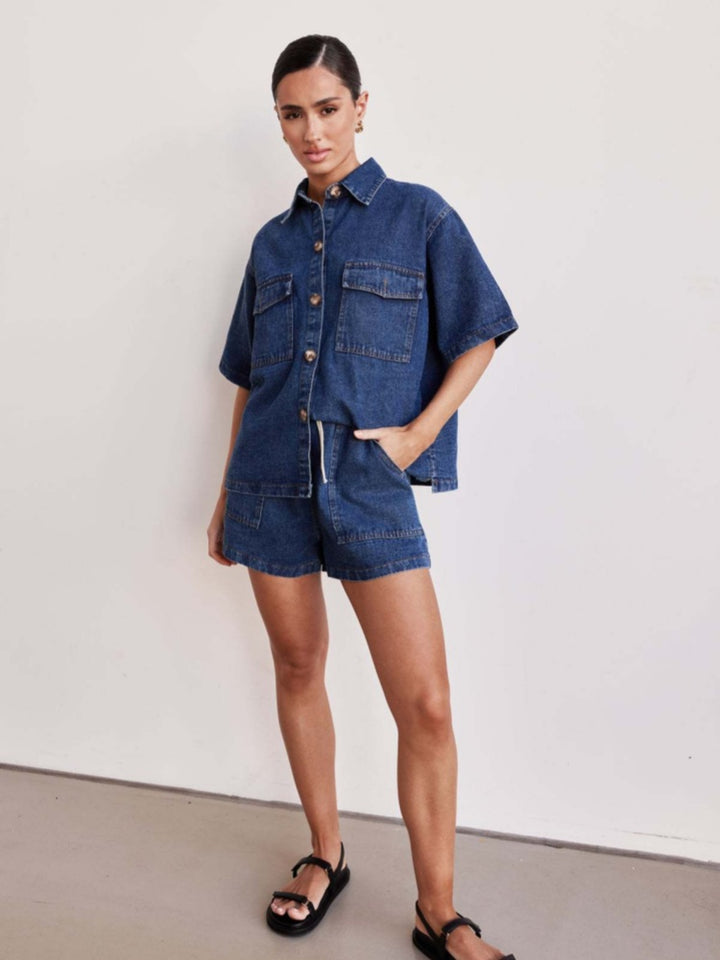 Denim Short Sleeve Shirt &amp; Elastic Waist Shorts Two-Piece Set