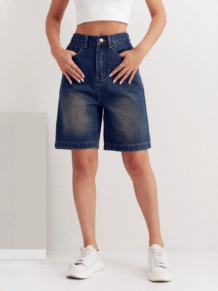 High Waist Vintage Washed Wide Leg Bermuda Denim Shorts