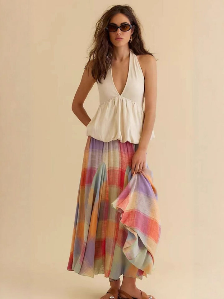 Vibrant Geometric Plaid A-Line Midi Skirt