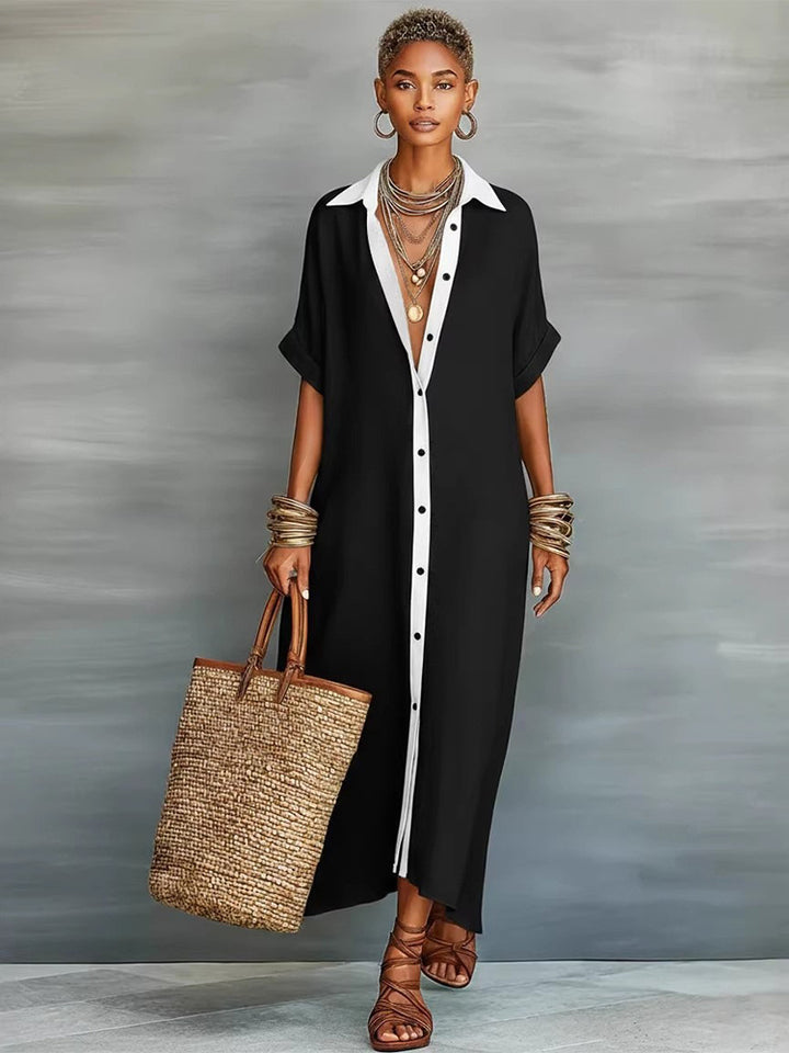 Color-blocked loose-fitting cotton and linen long shirt dress