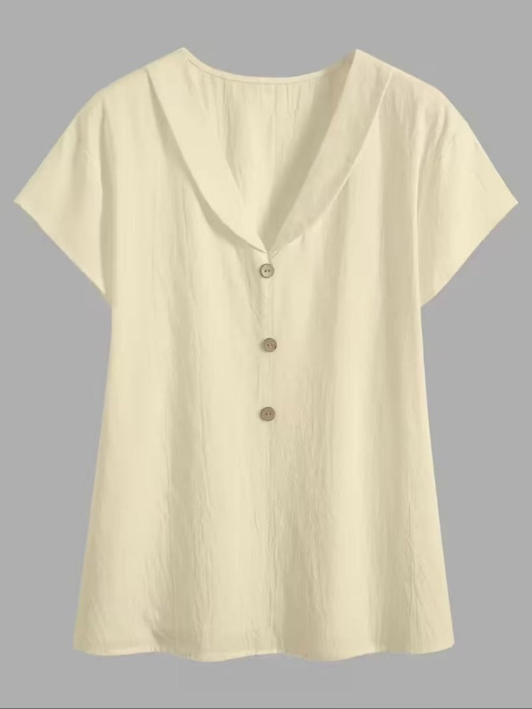 V Neck Cap Sleeve Button Front Textured Pullover Blouse