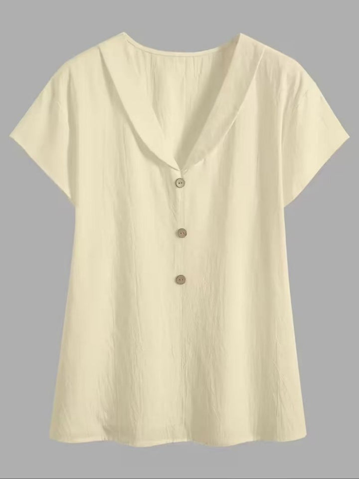 V Neck Cap Sleeve Button Front Textured Pullover Blouse