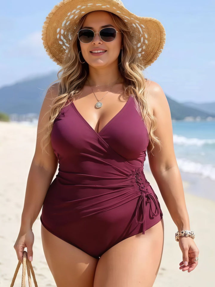 Plus Size Deep V Wrap Ruched Lace-Up One Piece Swimsuit