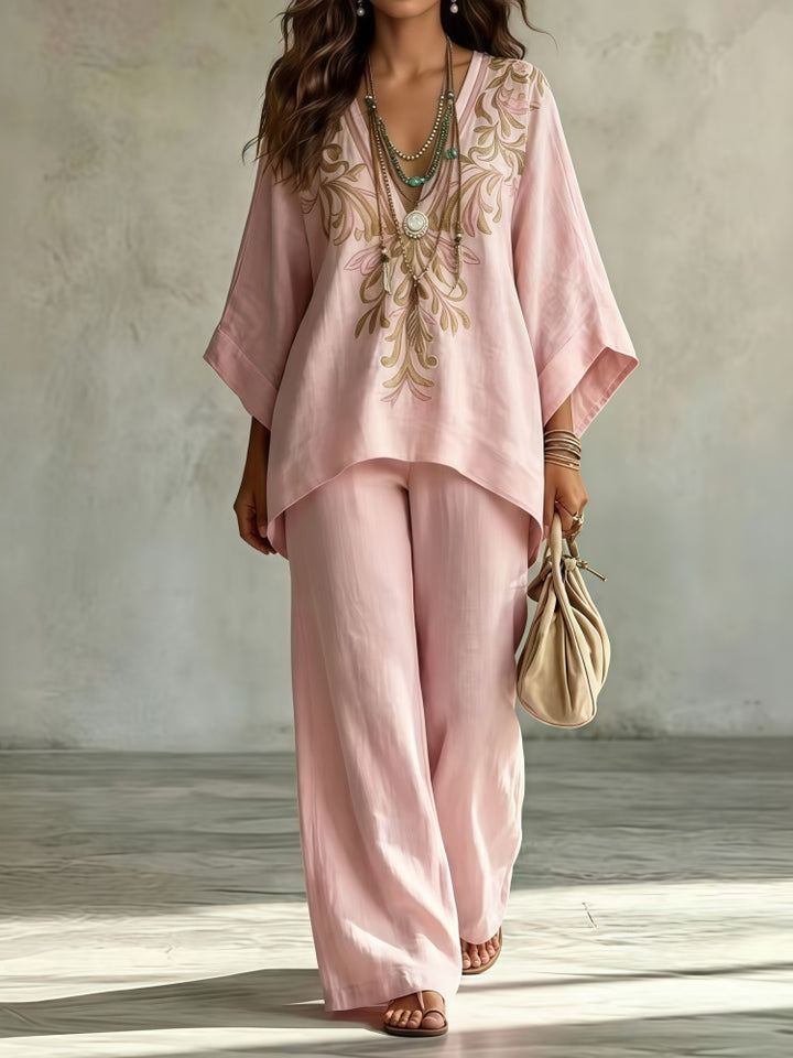 Embroidered V-Neck Top and Wide-Leg Pants Set