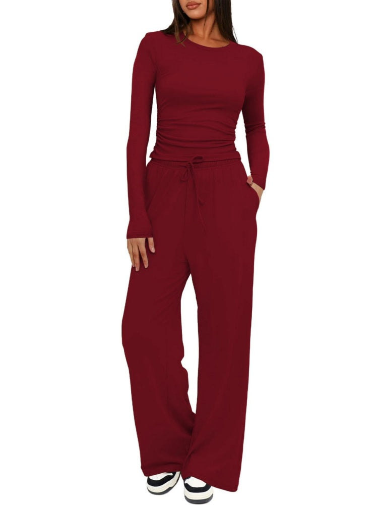 Ruched Long Sleeve Top &amp; Drawstring Wide Leg Pants Set