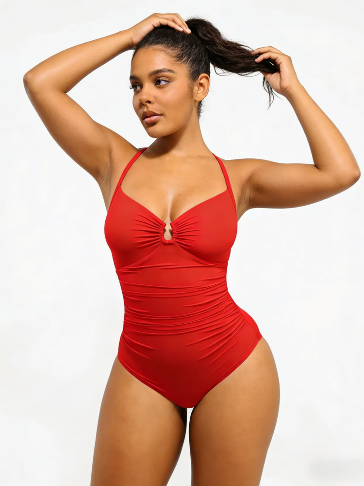 Slimming Ruched One Piece Swimsuit – Sexy V-Neck Tummy Control Swimwear