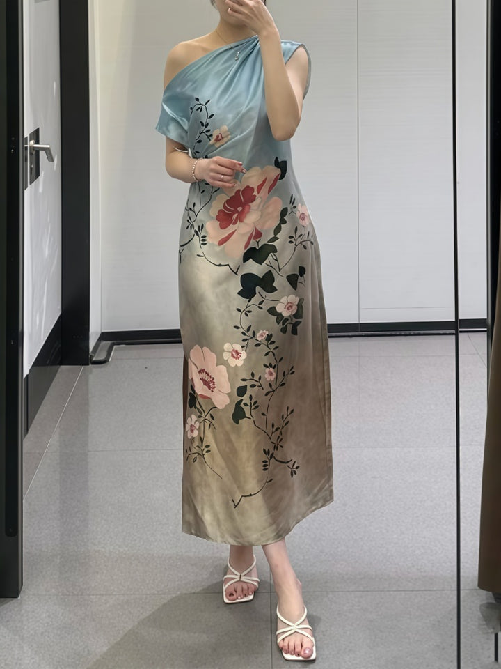 One Shoulder Floral Gradient Satin Midi Dress