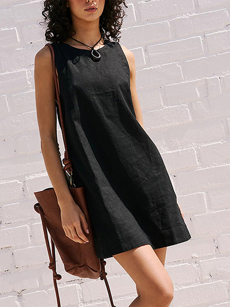 New cotton linen backless solid color mini vest dress