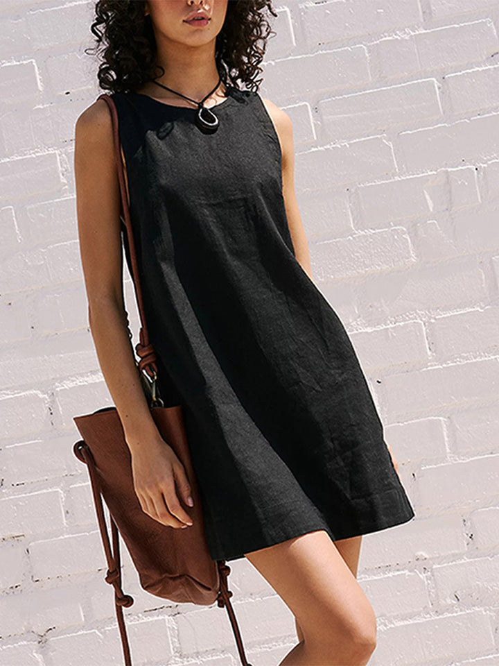 New cotton linen backless solid color mini vest dress