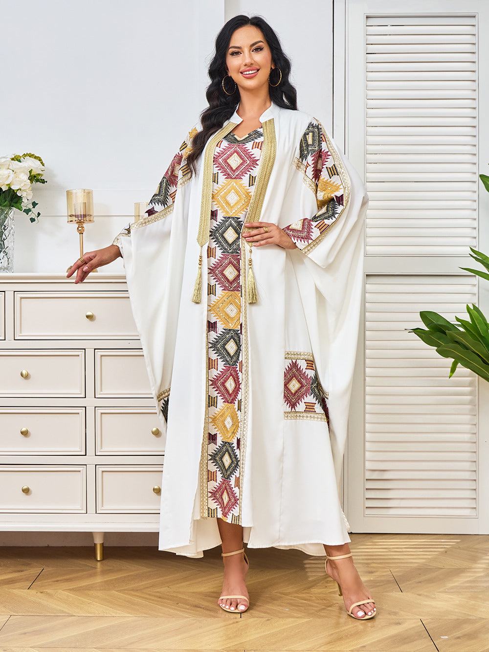 Geometric Embroidered Open-Front Abaya with Inner Dress