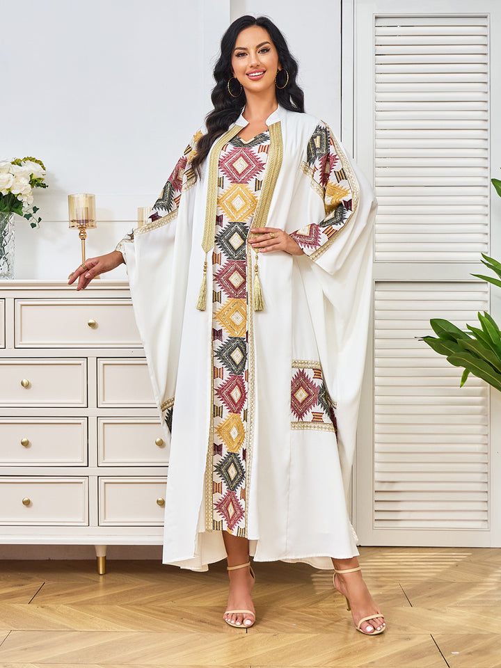 Geometric Embroidered Open-Front Abaya with Inner Dress