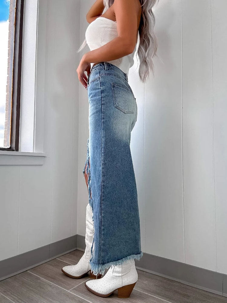 High Waist Raw Hem Denim Skirt