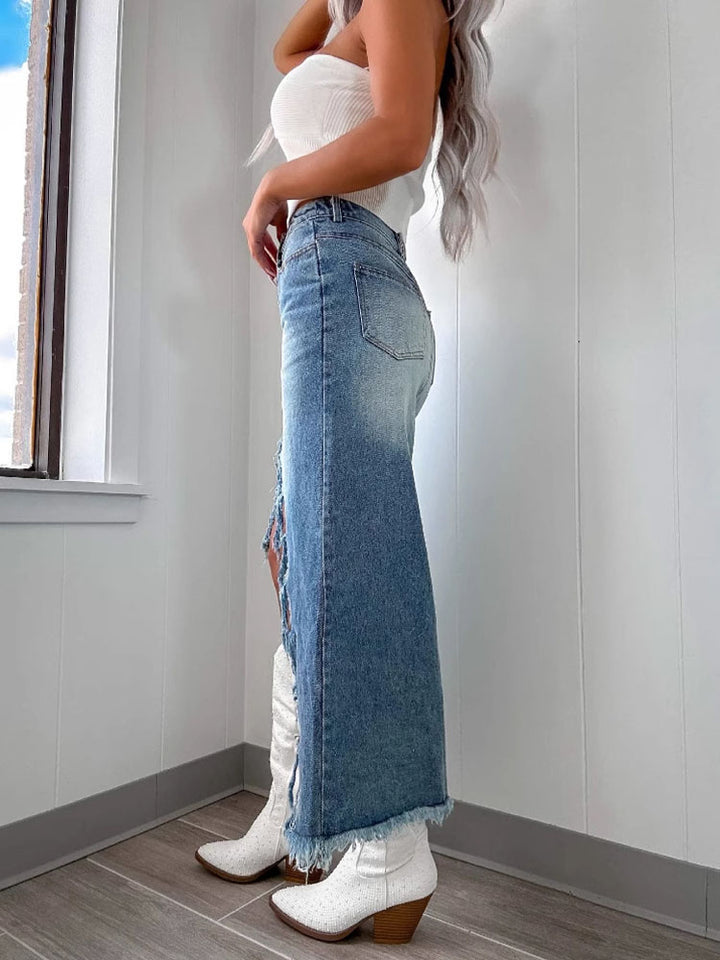 High Waist Raw Hem Denim Skirt