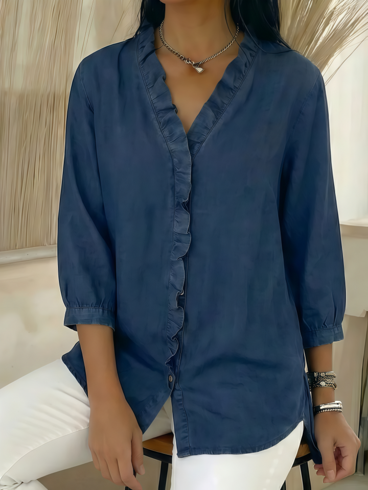 Ruffled V-Neck Denim Button-Down Blouse