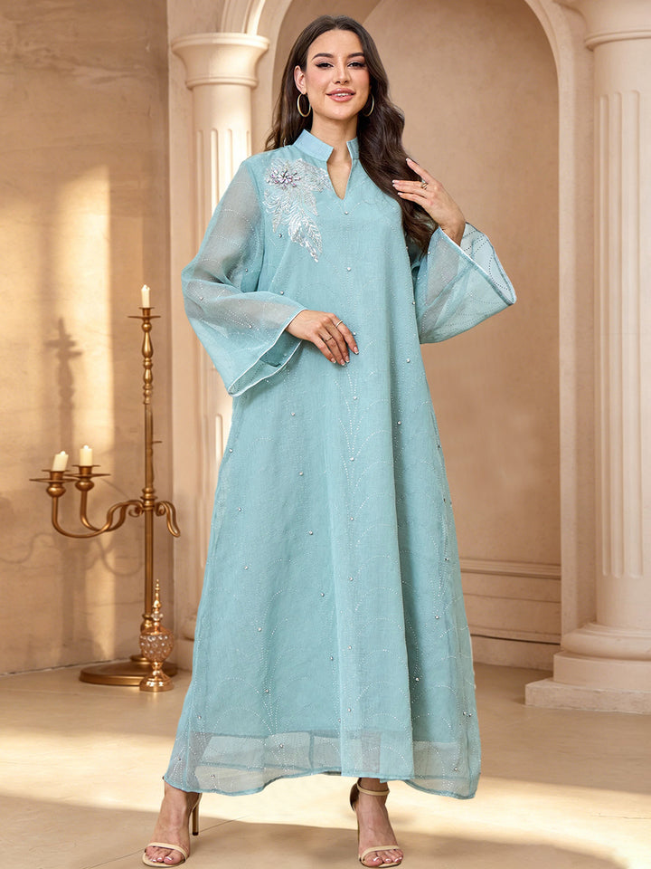 Crystal &amp; Floral Applique Embellished Abaya Maxi Dress