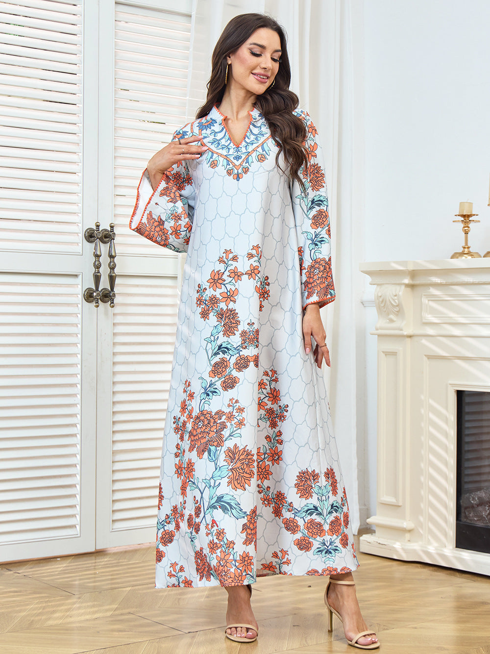 Floral Print V-Neck Maxi Abaya Dress