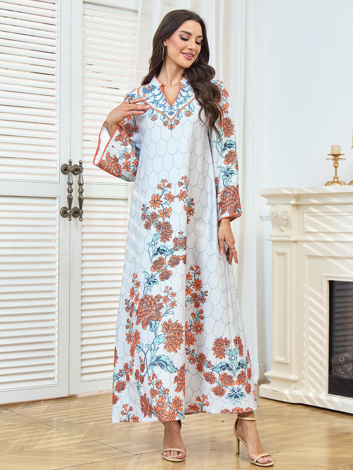 Floral Print V-Neck Maxi Abaya Dress
