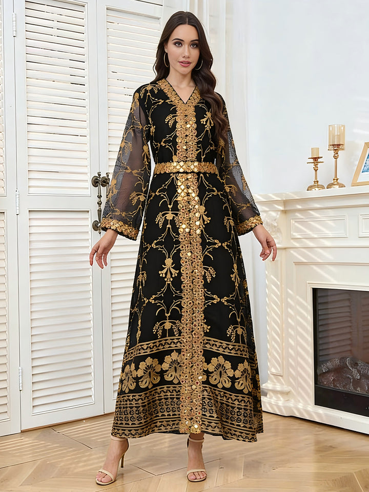 Gold Embroidered &amp; Sequin Formal Abaya Maxi Dress